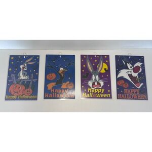 4 VINTAGE LOONEY TUNES HAPPY HALLOWEEN BUGS BUNNY 9x6 Window Suction Cup Hanger